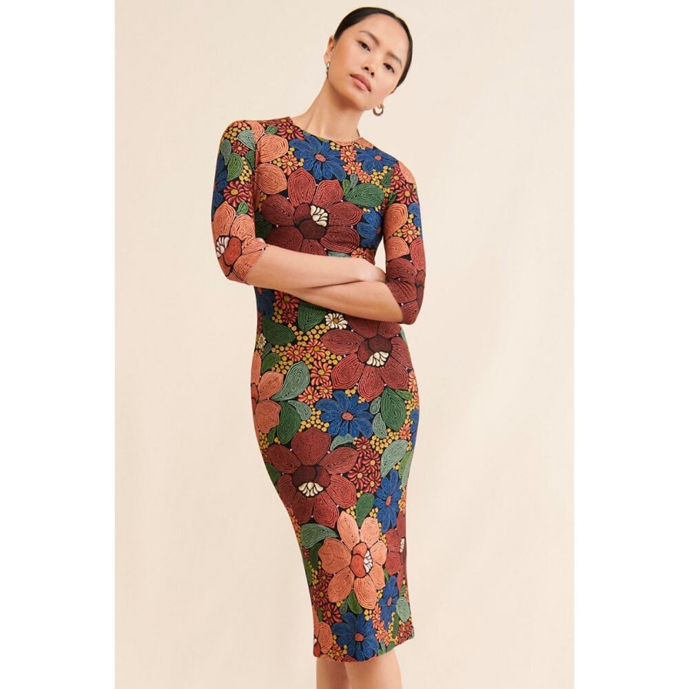 Farm Rio Stitched Flowers Black Short Sleeve Midi Dress NWT XL